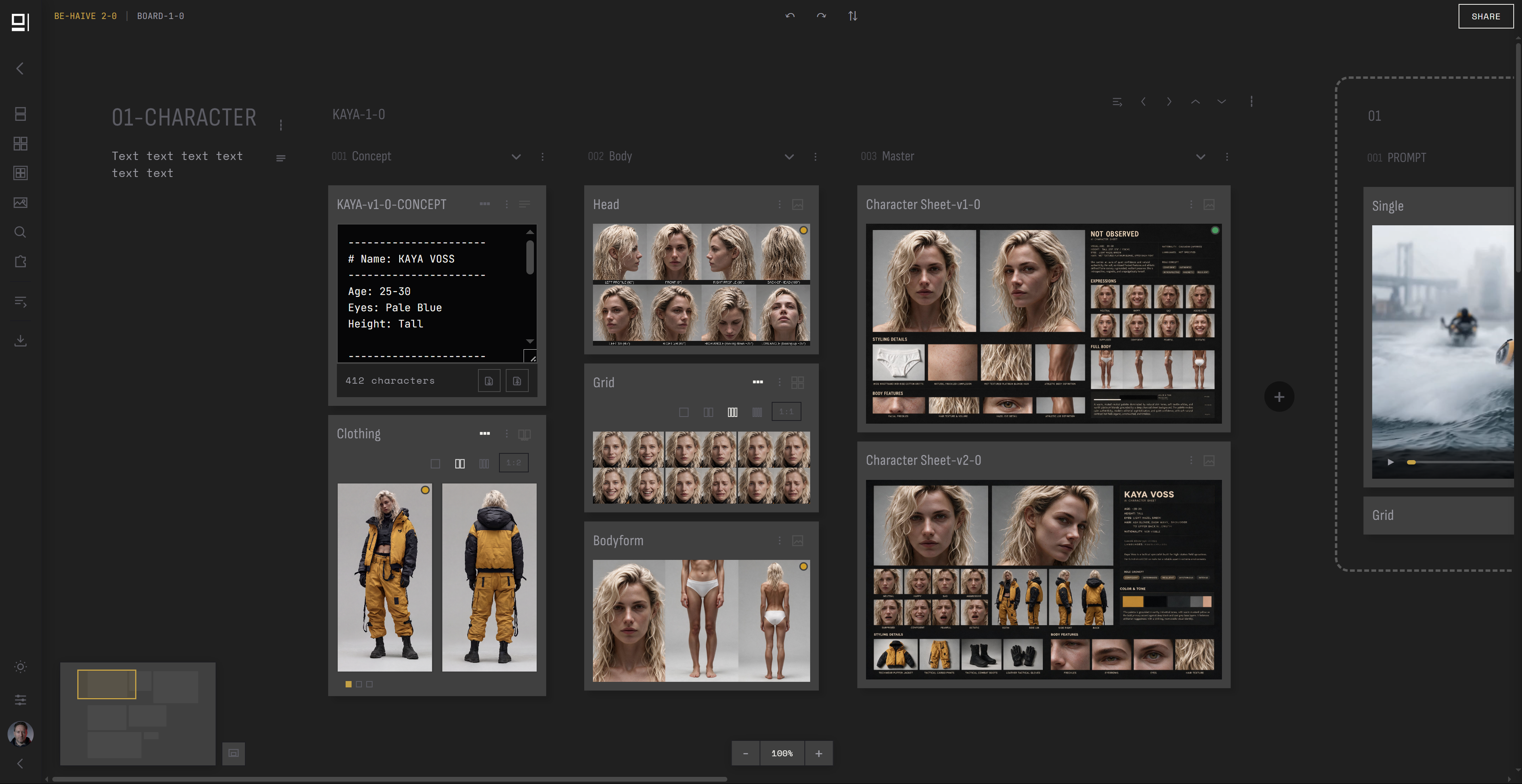 SETzz board showing a character development project, dark theme